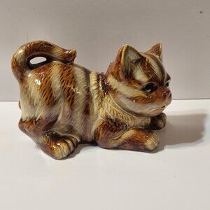 Vtg Ceramic Glazed Striped Cat Tan Brown Playful Laying Down Kitten 5" x 3" x 3"